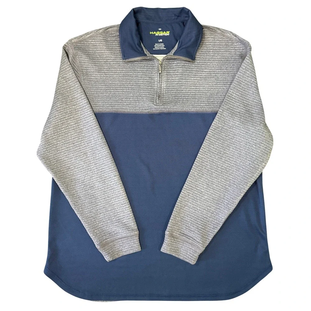 Haggar In Motion Mens Large Quarter Zip Pullover Blue Grey‎ Ribbed Performance L
